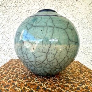 Vintage RAKU studio pottery crackle glaze handcrafted ceramic signed